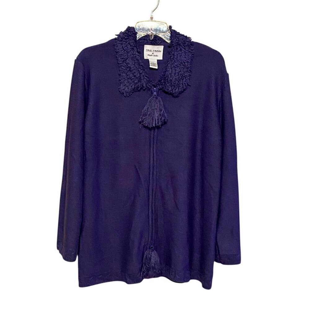 TRIC TRAC by Phyllis Keitler Blue Sweater Jacket Zip Front Tassels Size Large